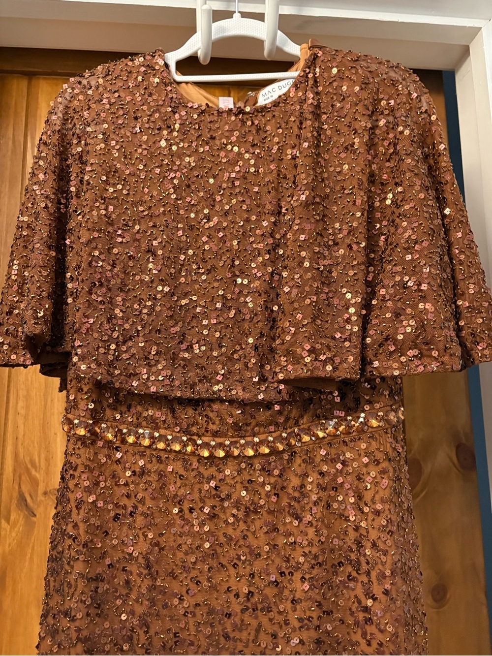 Mac Douggal 5577 Copper Sequined Capelet Midi Dress Size 10 Formal NWT